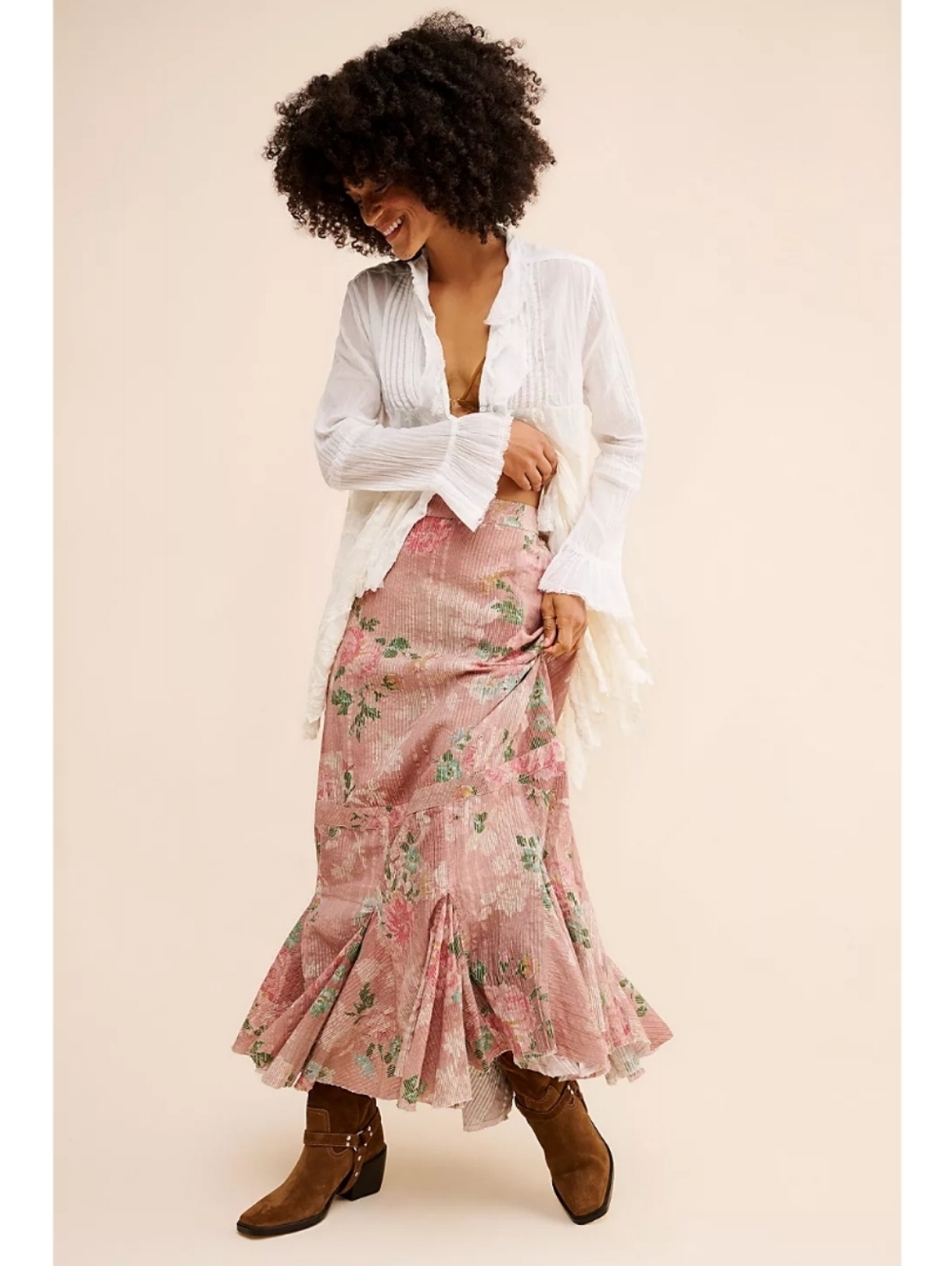 Free People Floral Pleated Ruffle Hem Skirt - Blush Pink